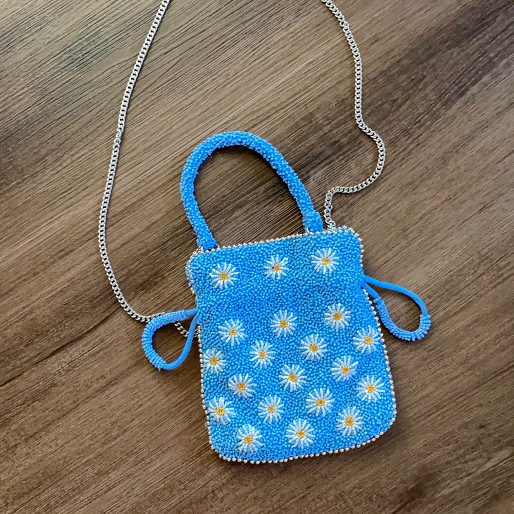 Zara daisy blue beaded drawstring bag